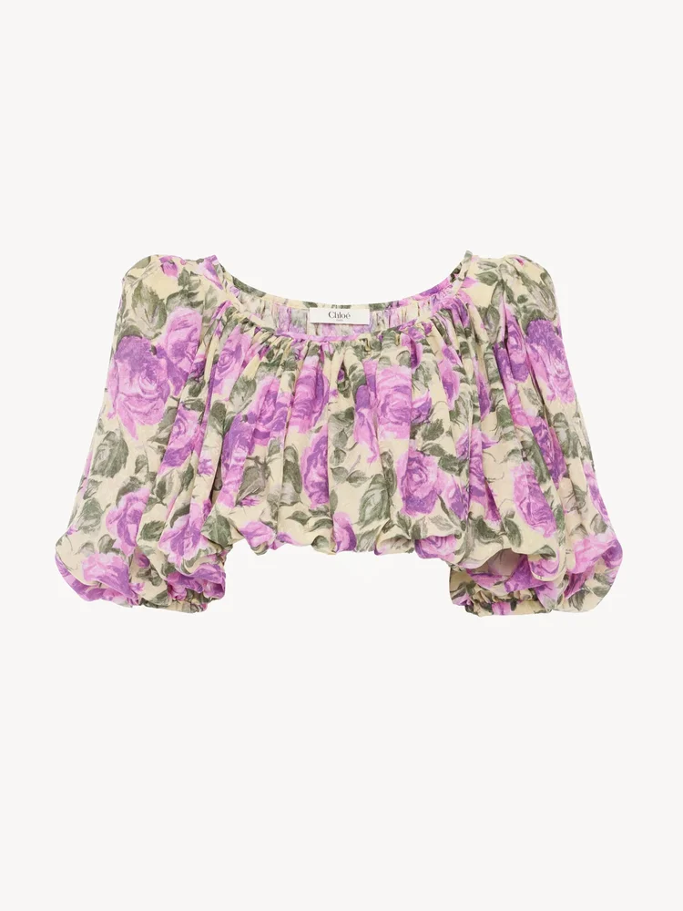 Puff-sleeve cropped top in silk jacquard
