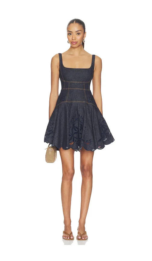 Indigo Denim Bow Embroidered Mini Dress