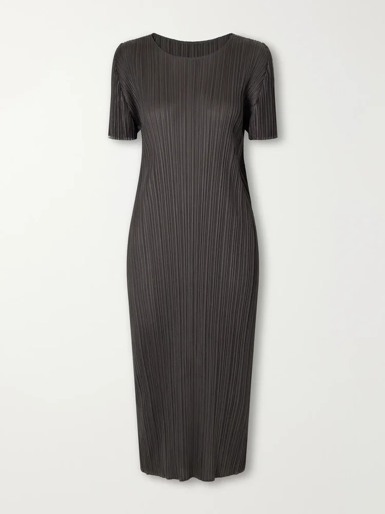Plissé satin midi dress