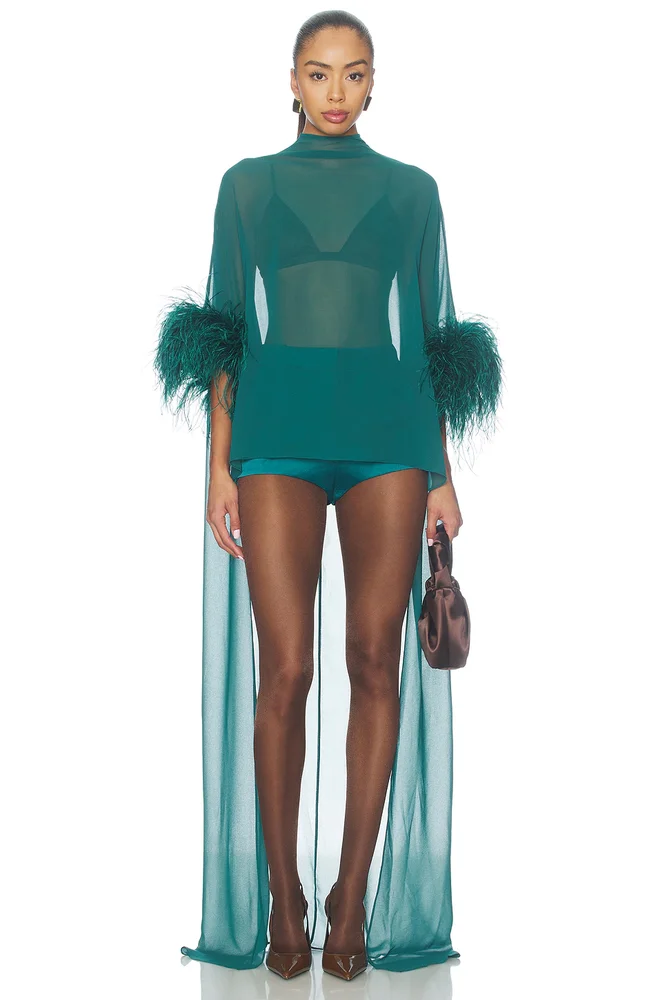 Lightweight Georgette High Low Mock Neck Top With Feathers