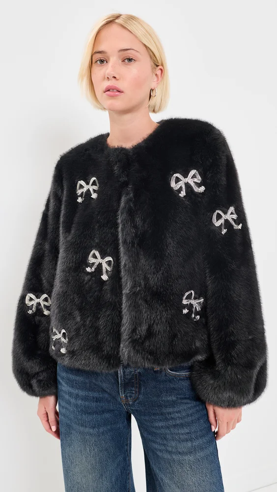 Rhinestone Bow Faux Mink Benson Coat