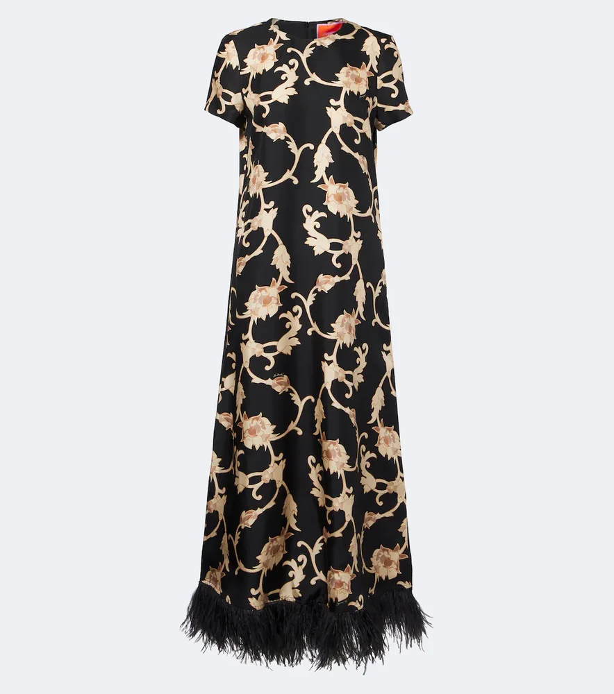 Buttercup feather-trimmed silk maxi dress