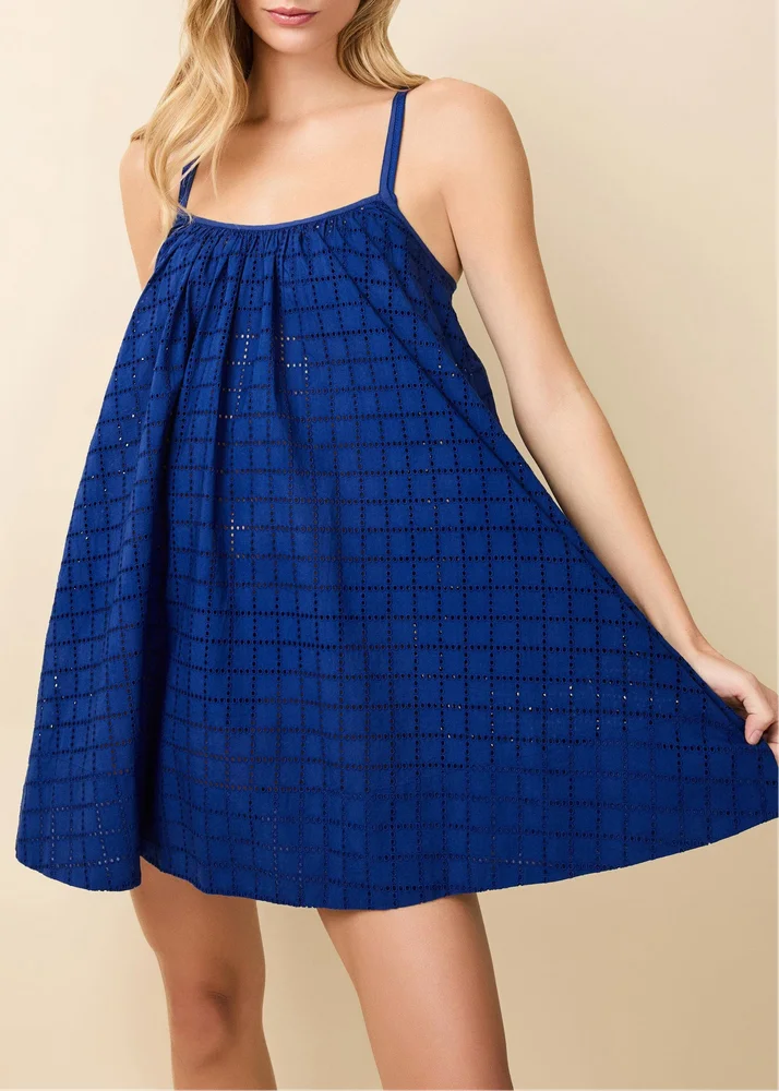 Lindsay Dress Poplin Grid Eyelet Maritime Navy