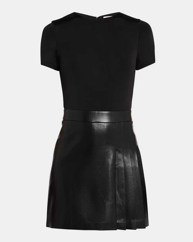 Chara Vegan Leather Short-Sleeve Pleated Mini Dress