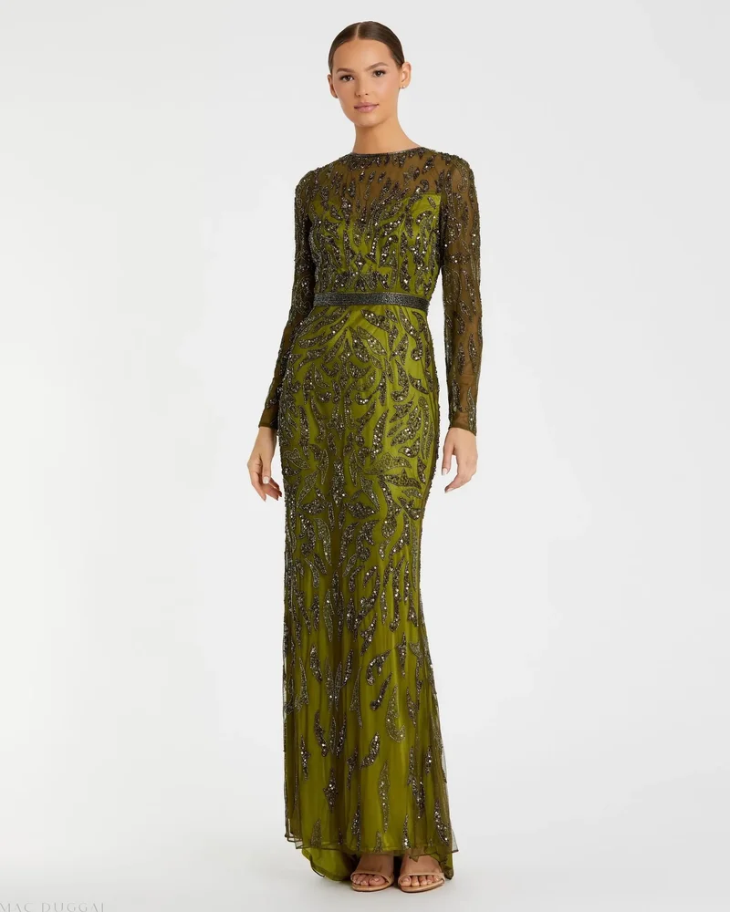 Green Long Sleeve Beaded Evening Gown
