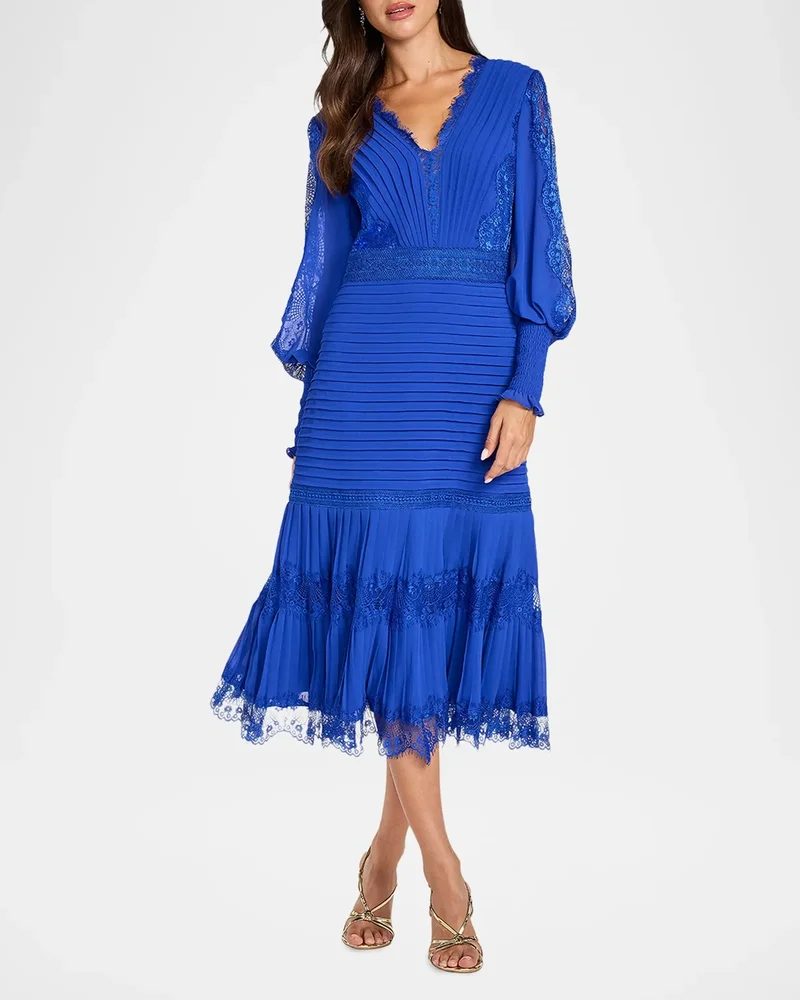 Pleated Chiffon & Lace Bishop-Sleeve Dress