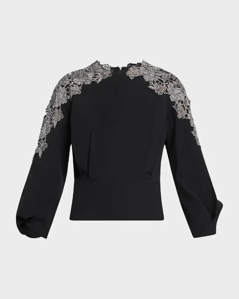 Floral Embroidered Cotton Pleated Bracelet-Sleeve Blouse