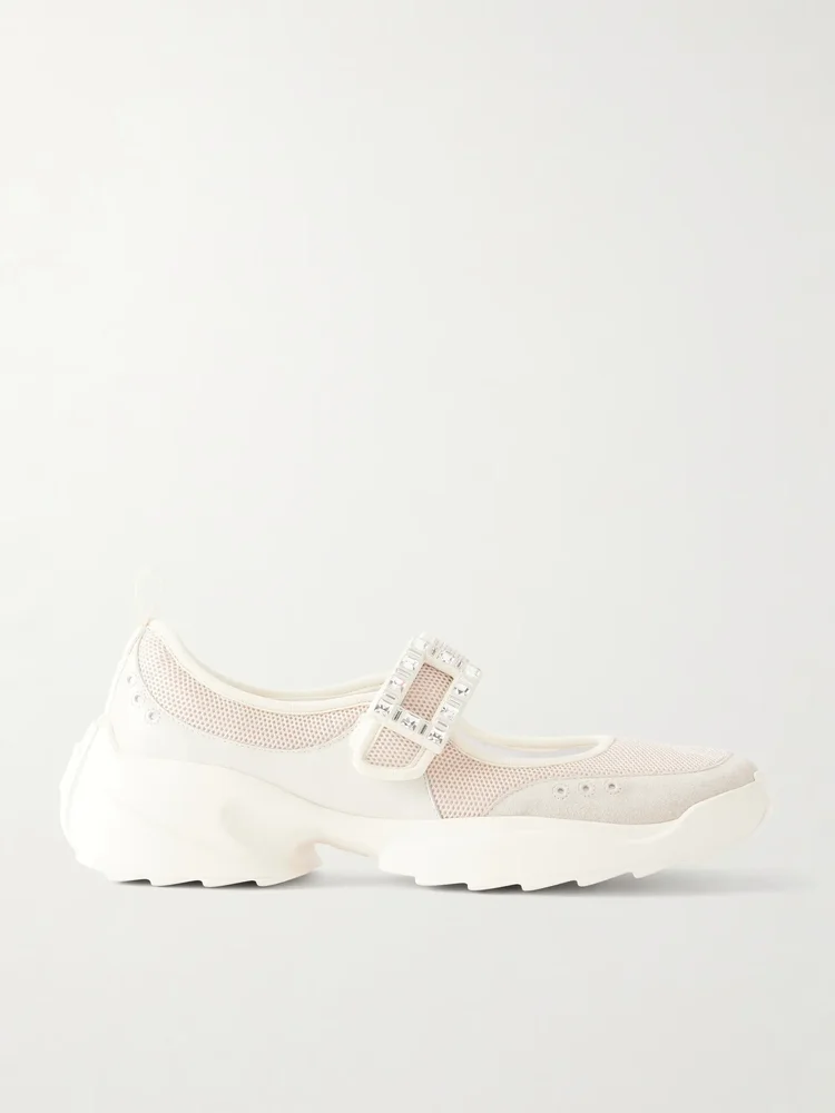 Viv on the Run Embellished Leather-Trimmed Mesh Mary Jane Sneakers