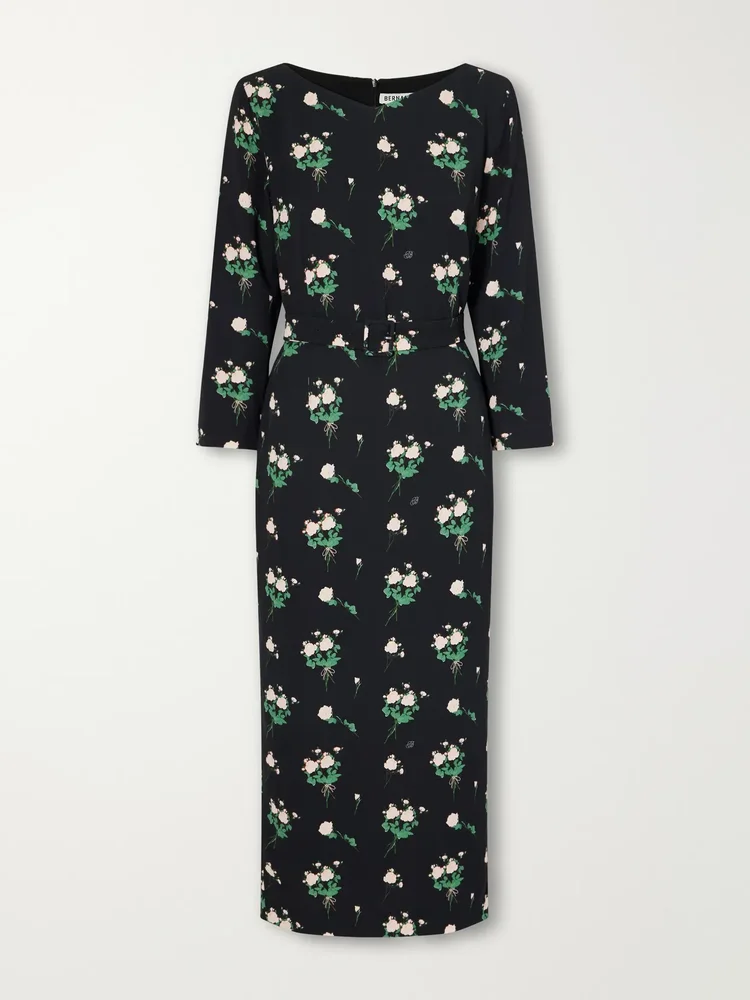 Lucky belted floral-print crepe midi dress