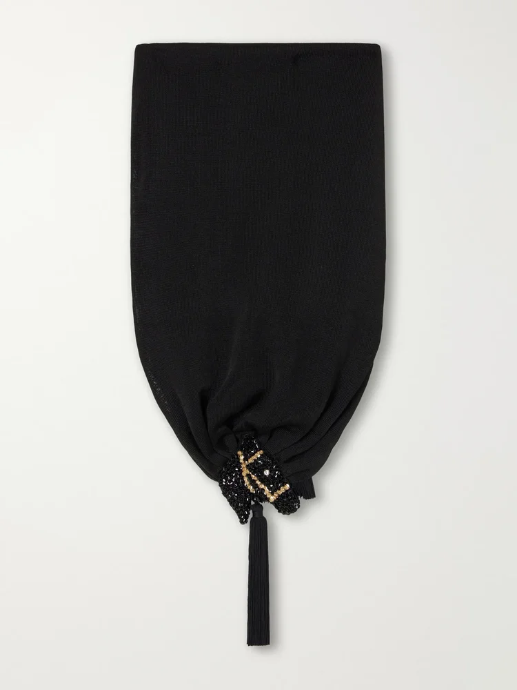 Embellished tasseled woven scarf