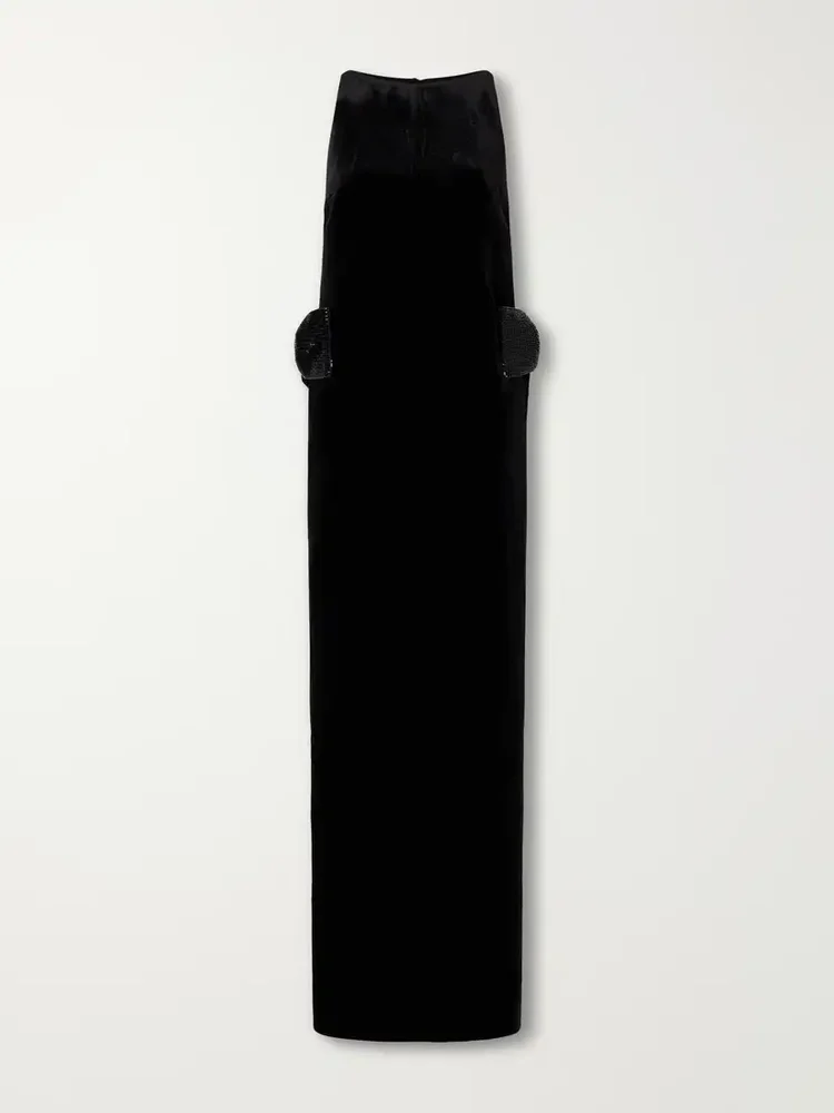 Bow-detailed embellished velvet maxi dress