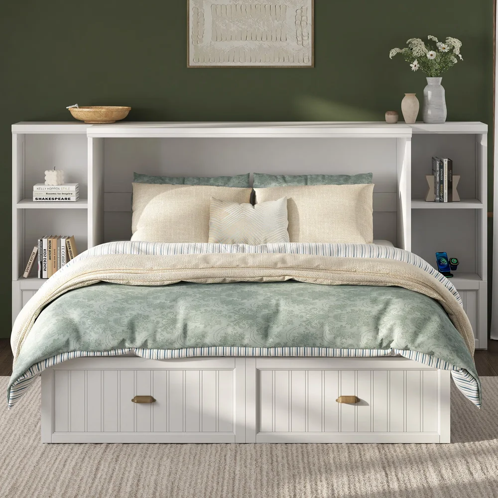Wilkinson Farmhouse Queen Murphy Bed with Bedside Tables and 3 Storage Drawers