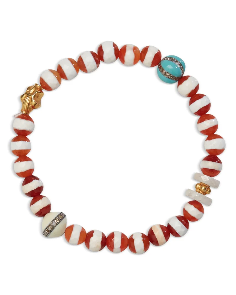 Opal, Agate & Gray Diamond Stretch Bracelet in 18K Yellow Gold & Sterling Silver