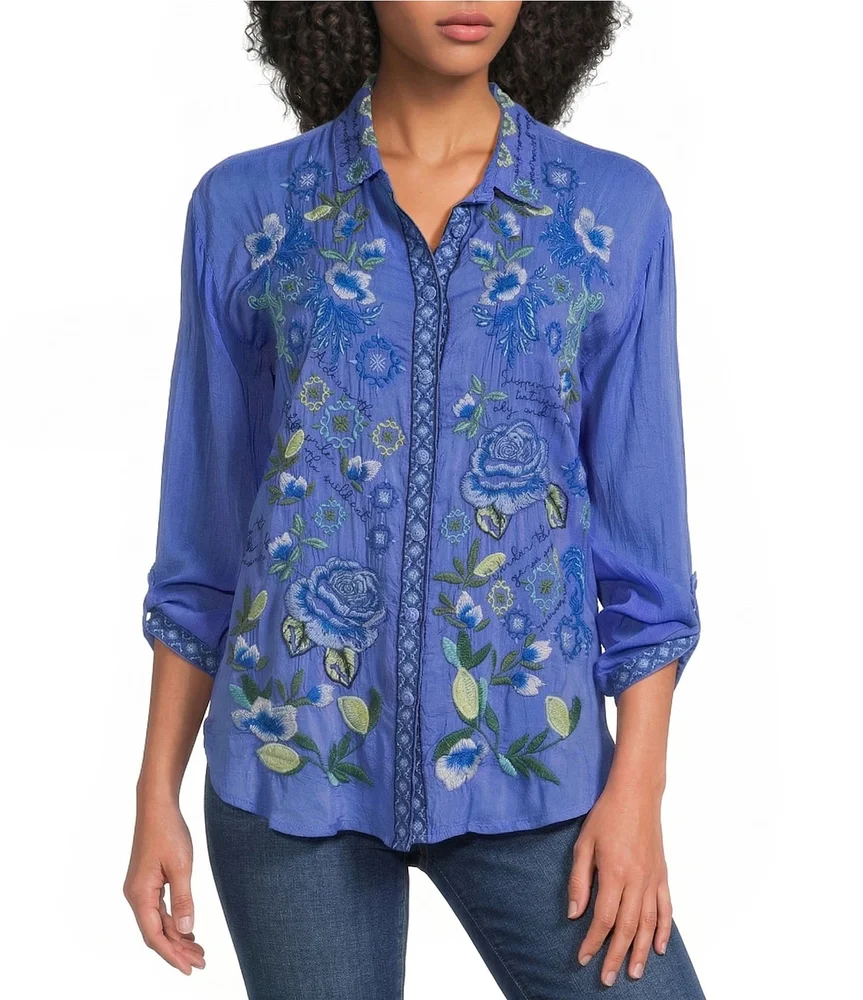 Luisa Embroidered Point Collar V-Neck Long Sleeve Shirt