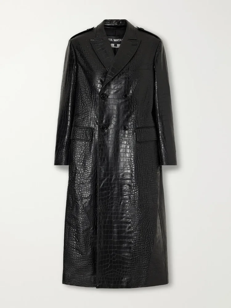 Croc-effect material double-breasted coat