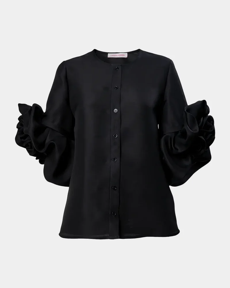 Silk Gazar Rosette-Sleeve Blouse
