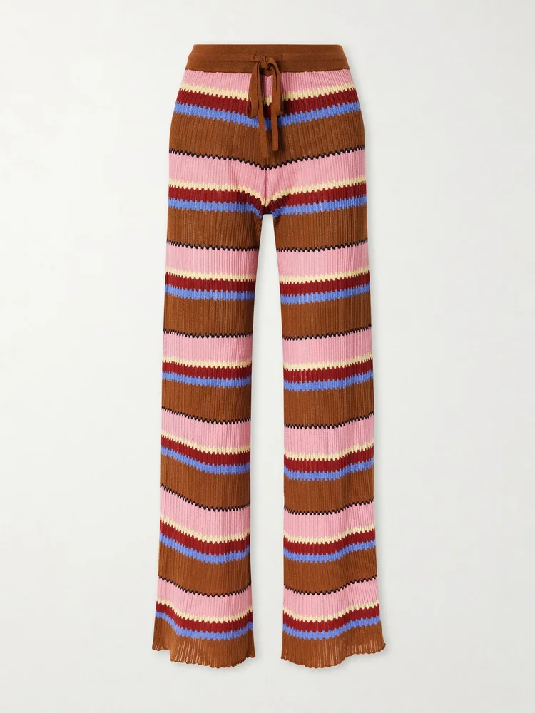Palazzo striped ribbed silk and linen-blend wide-leg pants