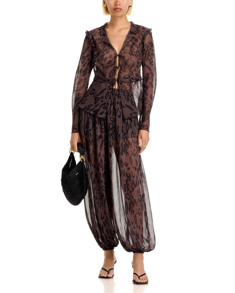 Animal Print Ruffle Tie Long Sleeve Top & Balloon Pants - Exclusive