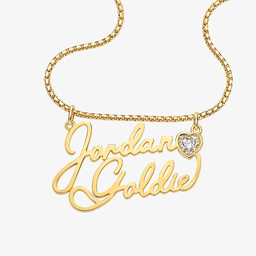 Love Letter Gold Script Two Name Necklace with Bezel Heart