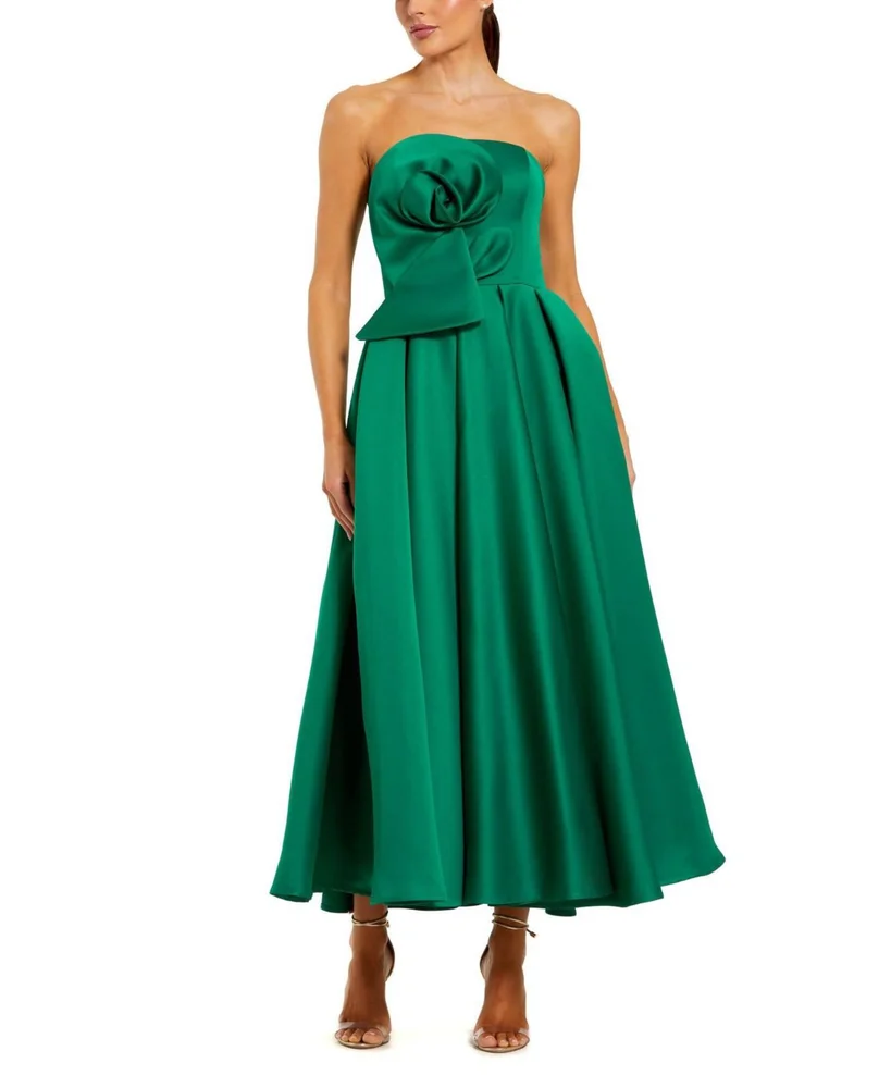 Strapless Satin A Line Midi Dress with 3D Flower