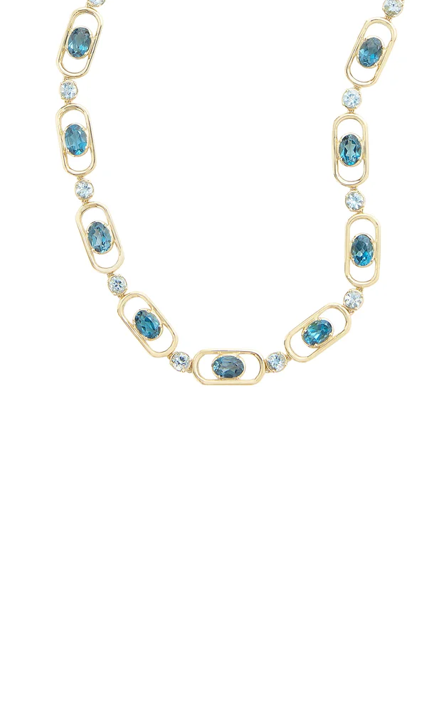 18K Yellow Gold Oval and Round Link Topaz and Aquamarine Necklace