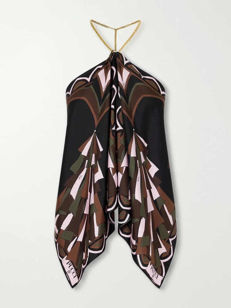 Chain-embellished draped printed silk-twill halterneck top
