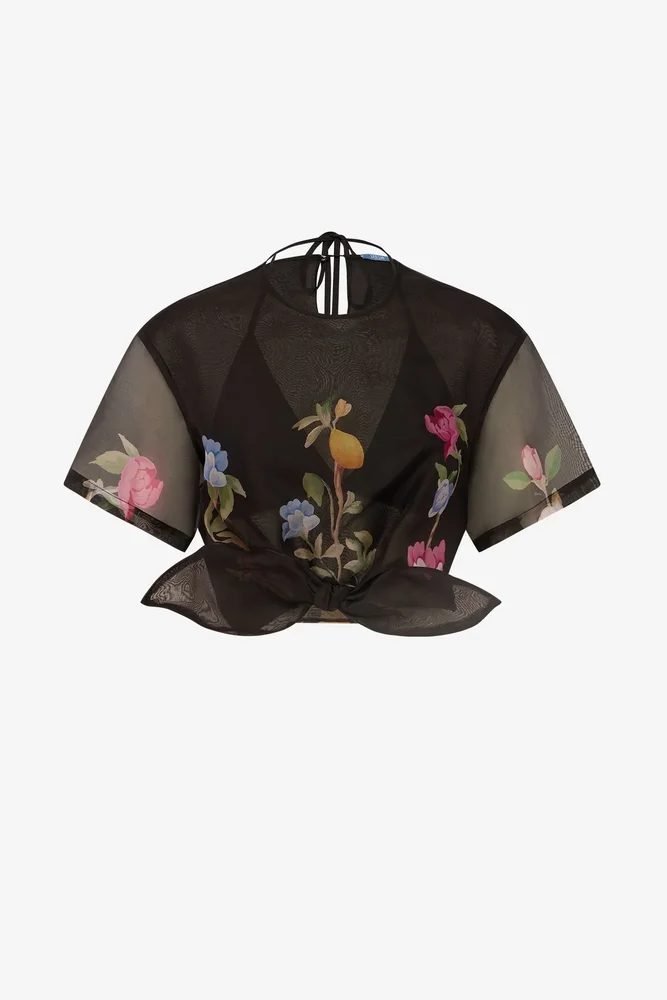 Riley Sleeve Top - Lemon Vine Print in Ebony