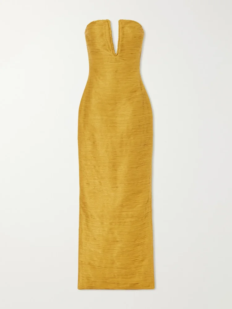 Cape-effect plissé satin gown