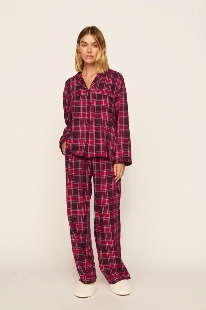 Flannel Long PJ Set, Oxford Check Holly Red/Wildberry