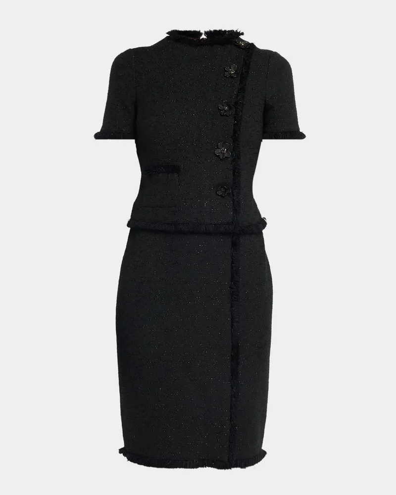 Fringed Floral Applique Tweed Dress
