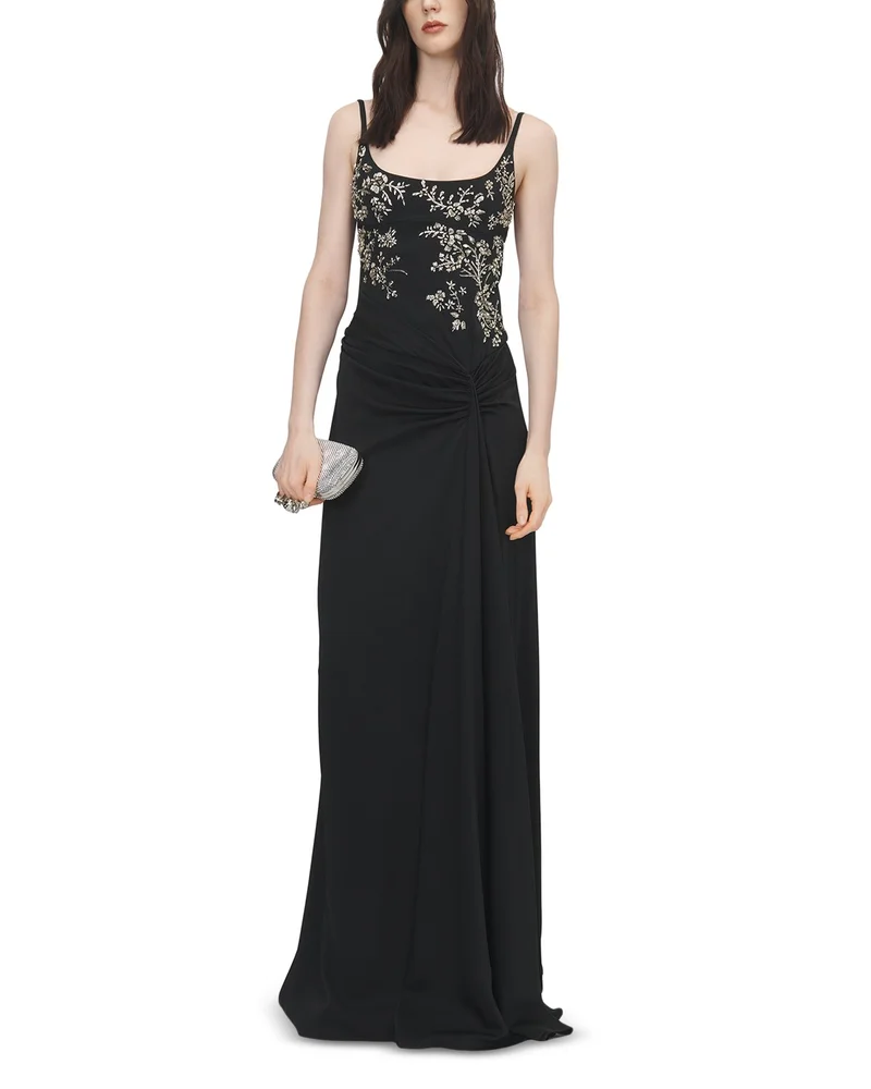 Bead & Crystal Floral Embroidery Draped Gown