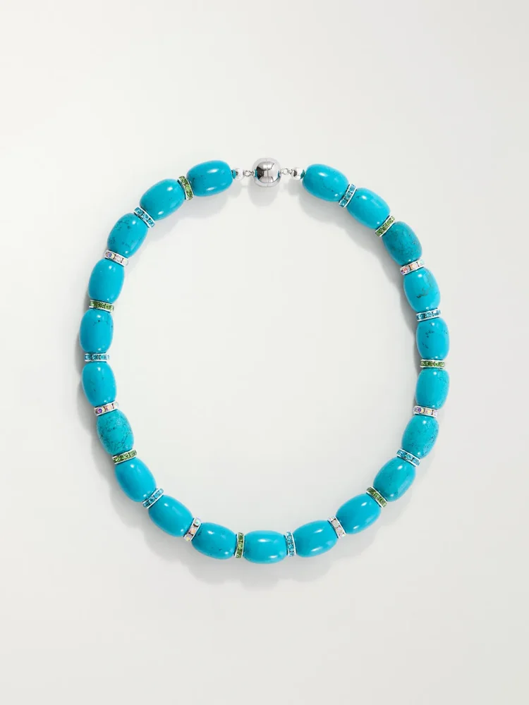 Donna rhodium-pleated turquoise and crystal beaded necklace
