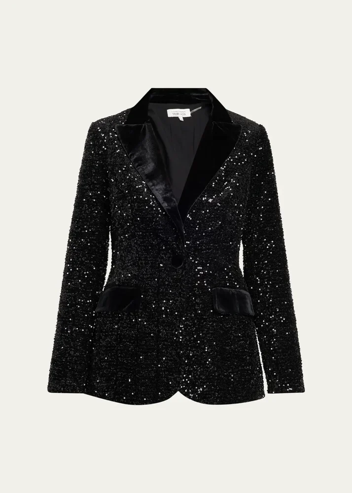 Satin-Trim Sequin Blazer
