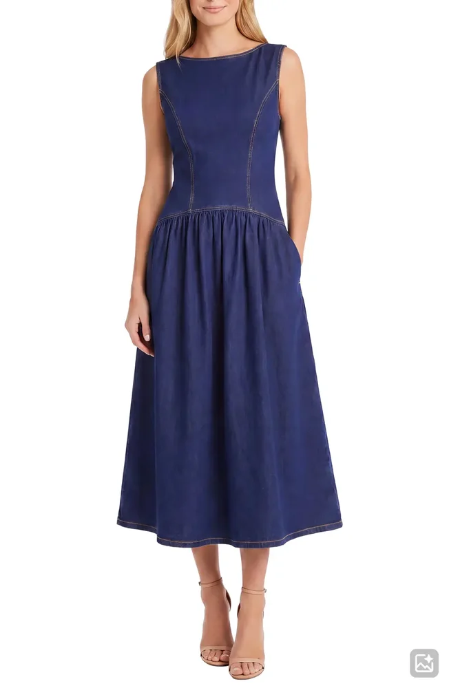 Drop Waist Cotton Blend Denim Midi Dress