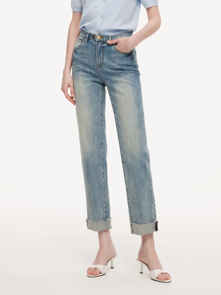 Cotton Denim Adjustable Waist Women Straight Leg Folded Jeans