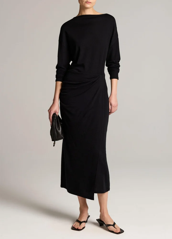 Draped-Waist Wool-Blend Midi Skirt