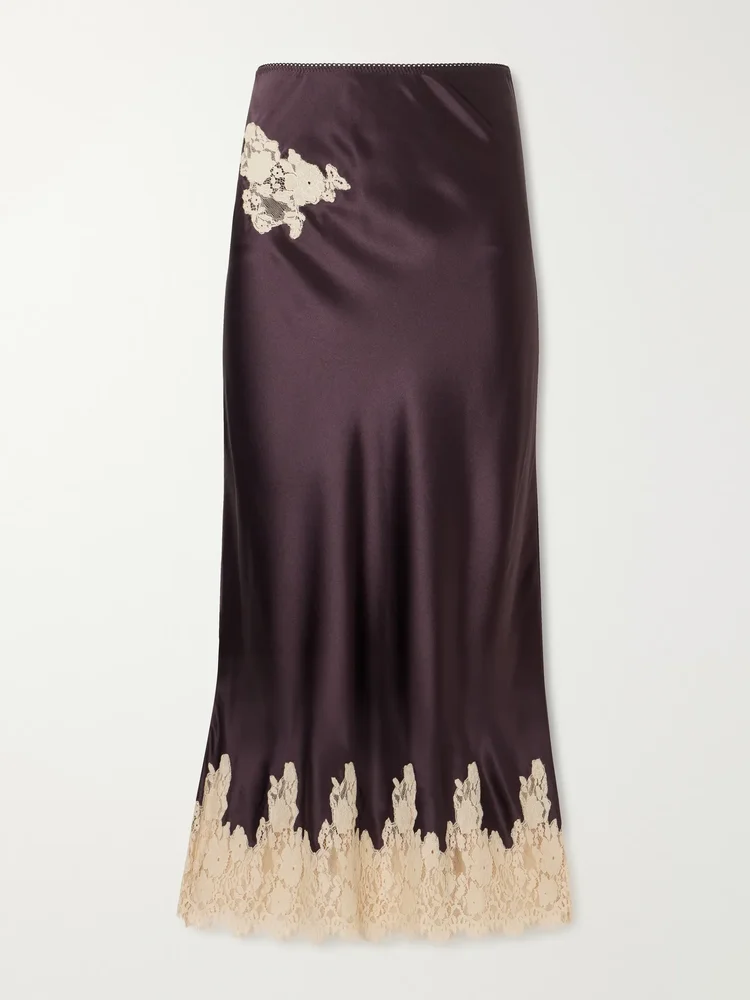 Lace-trimmed silk-satin midi skirt
