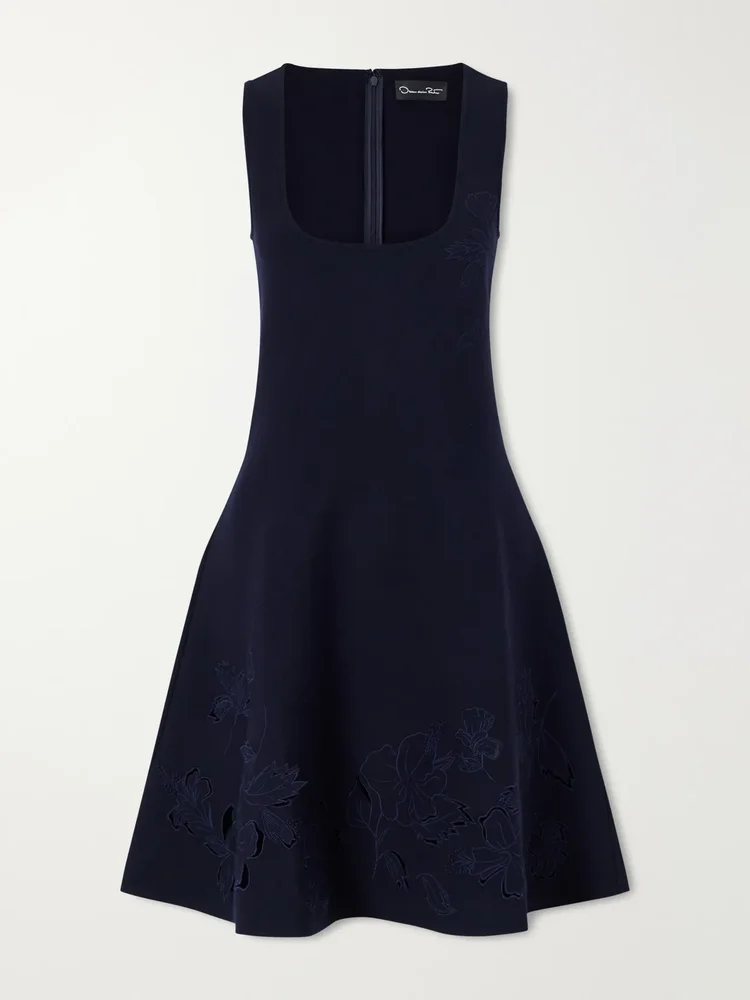 Laser-cut embroidered knitted mini dress