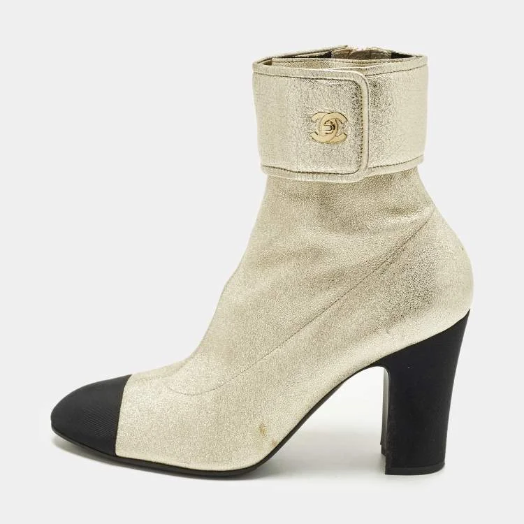 Chanel CC Size 41 Gold/Black Canvas and Leather Ankle Length Boots