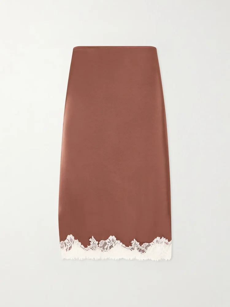 Marisol lace-trimmed satin midi skirt