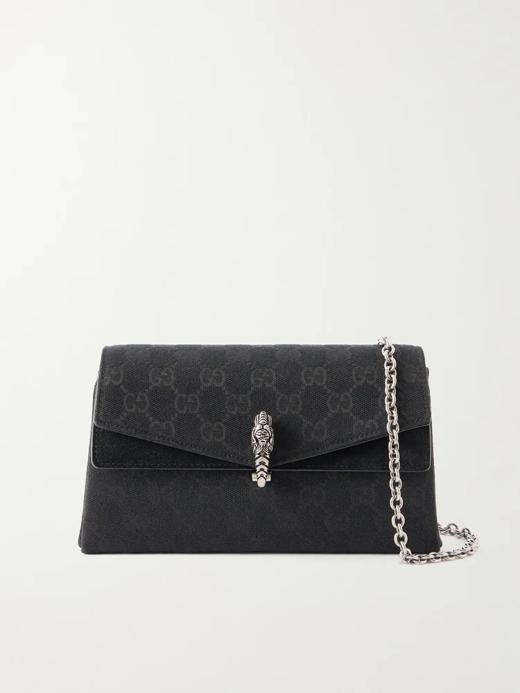 Dionysus leather-trimmed coated canvas-jacquard shoulder bag