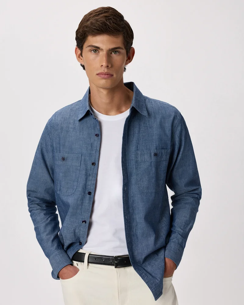 Quince Men's 100% Organic Chambray Long Sleeve Shirt in Dark Chambray