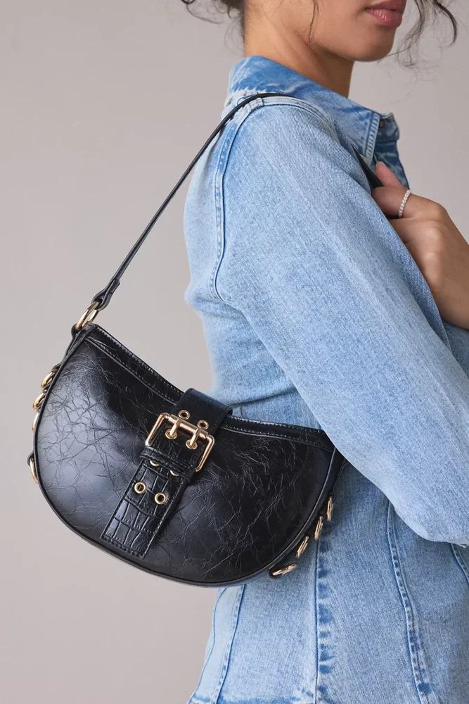 Mira Belted Faux Leather Crescent Bag