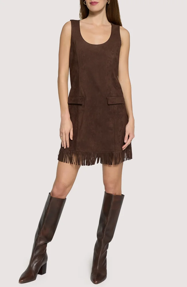 Modern Muse Fringe Hem Faux Suede Shift Minidress