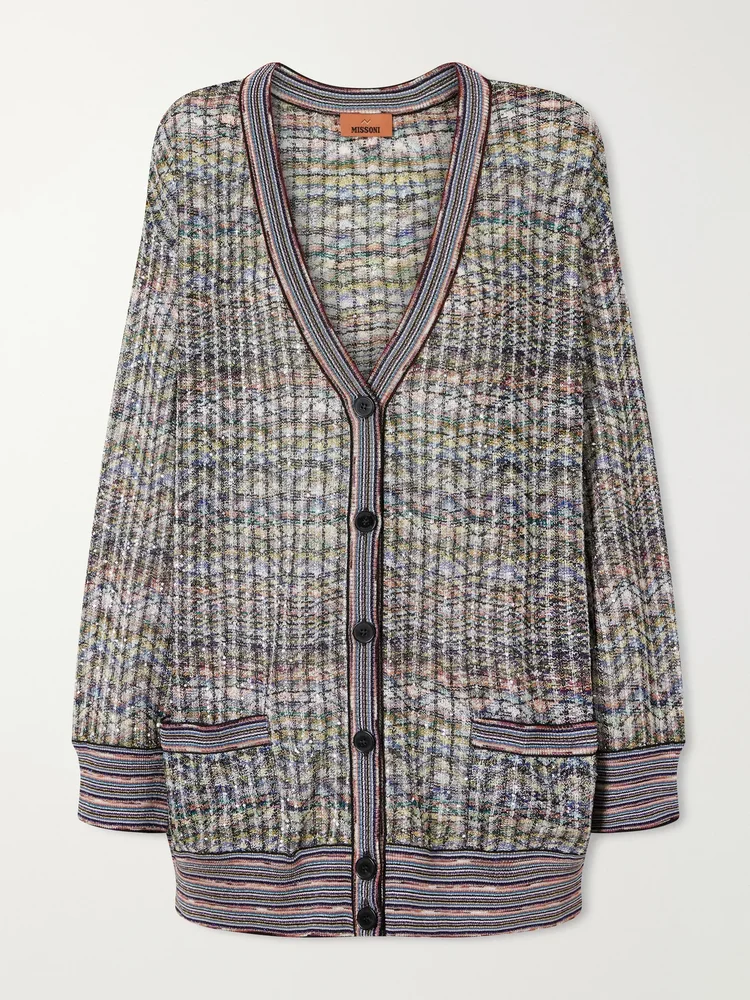 striped metallic crochet knit cardigan