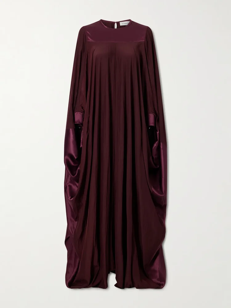 Pleated satin-trimmed charmeuse gown