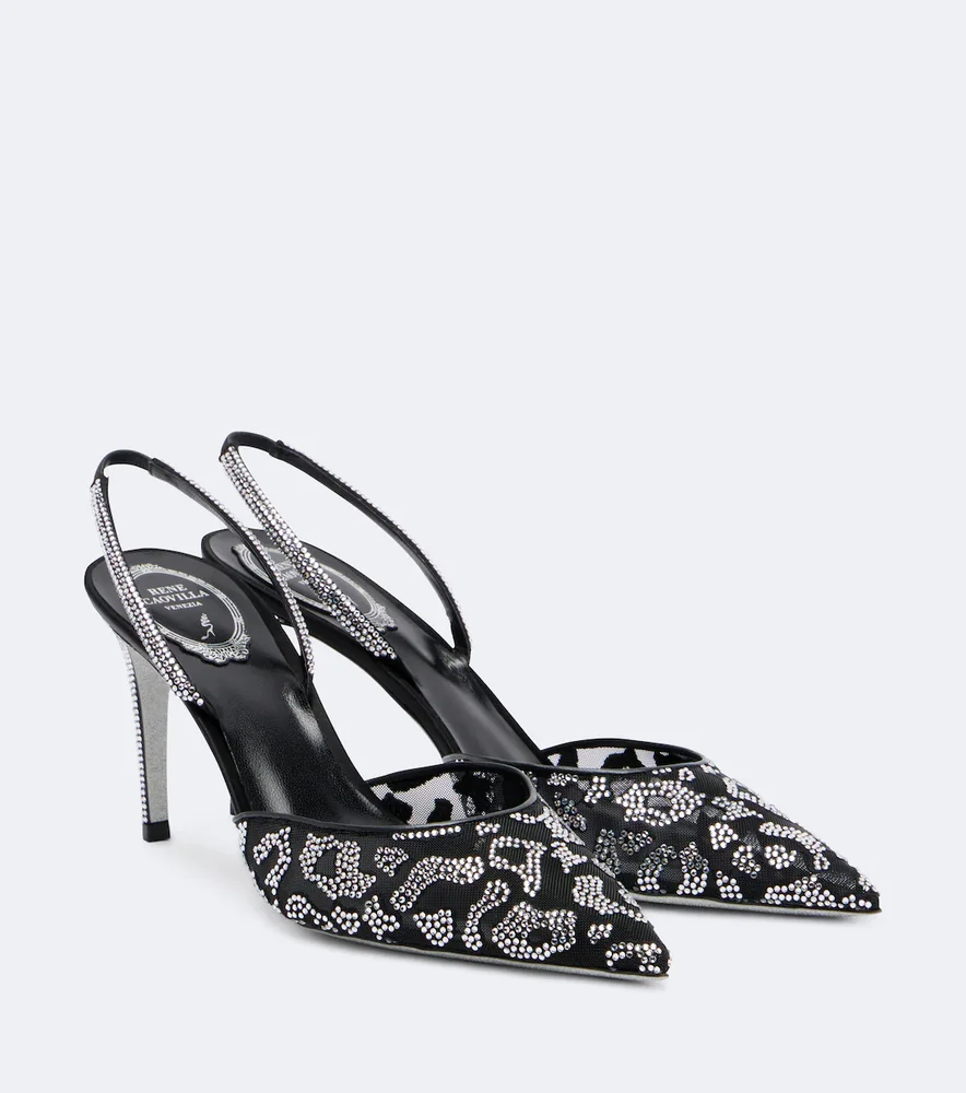 Embellished mesh slingback pumps