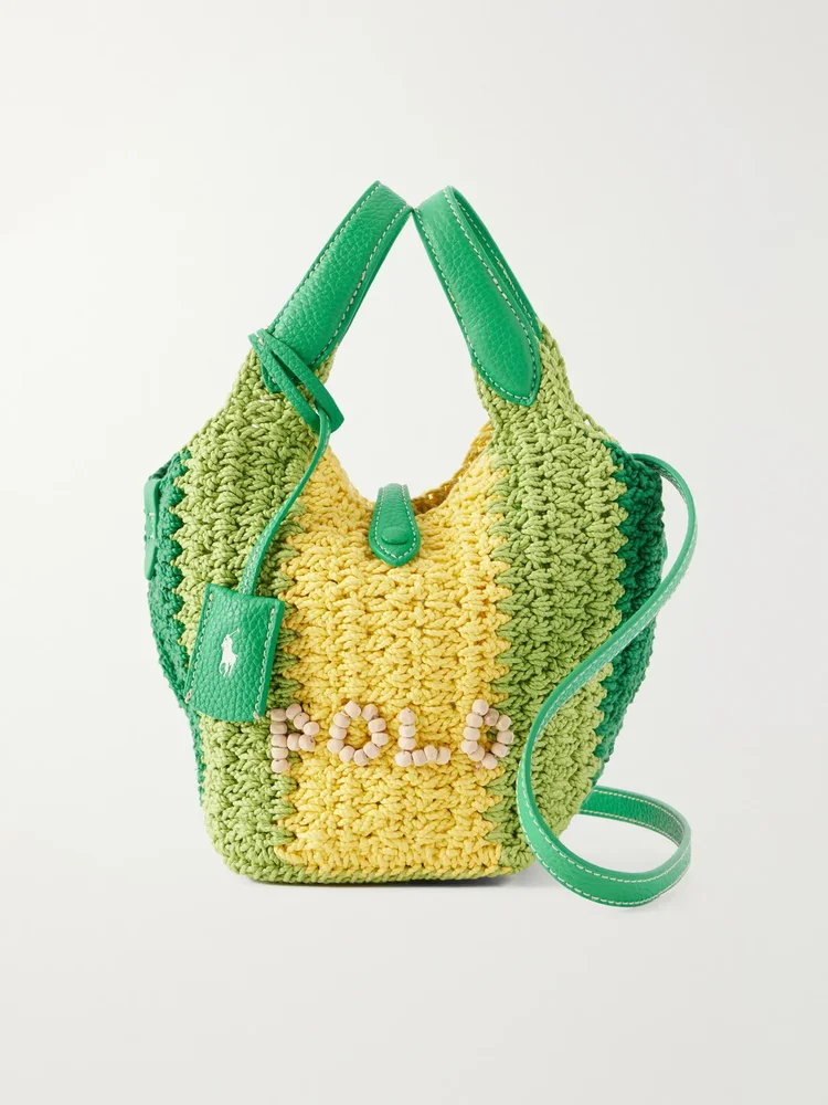 polo play small leather trimmed crocheted bucket bag