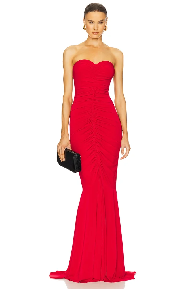 Strapless Shirred Front Fishtail Gown