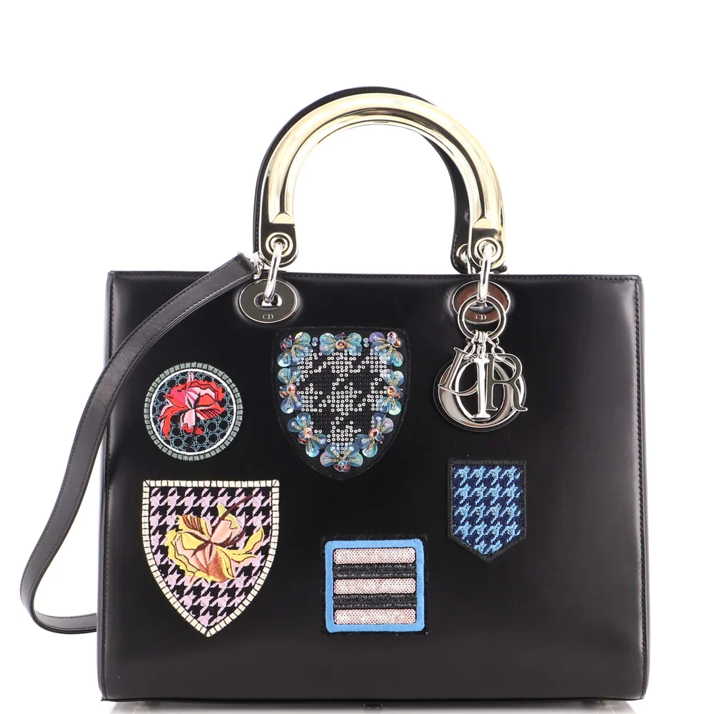 Pre-Owned Lady Dior Bag Patch Embellished Leather Large